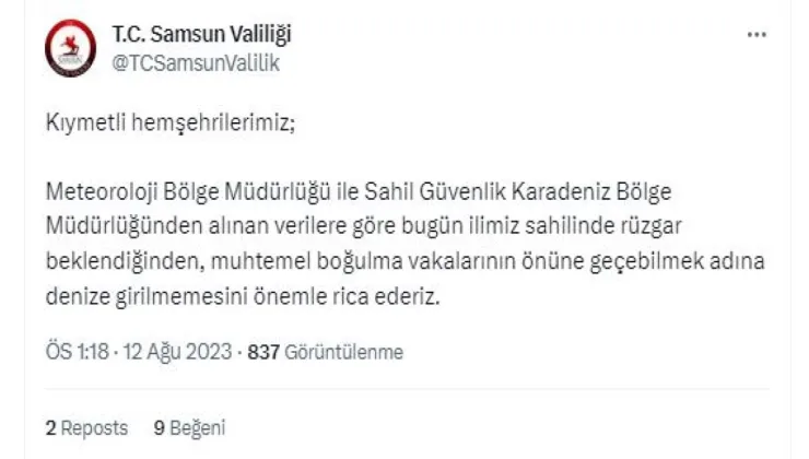 Samsun Valiliği’nden deniz uyarısı